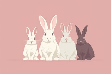 Isolated in pastel pink background, flat illustration style, with rabbits