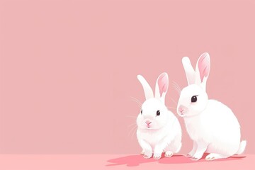 Isolated in pastel pink background, flat illustration style, with rabbits