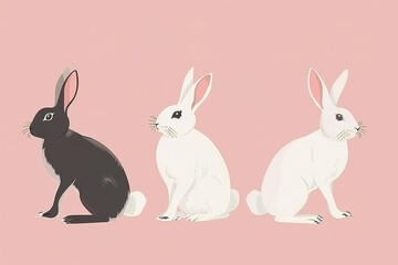 Fototapeta premium Isolated in pastel pink background, flat illustration style, with rabbits
