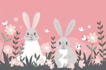 Isolated in pastel pink background, flat illustration style, with rabbits
