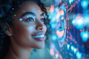 African American woman with a beautiful smile showcasing dental insurance and enamel replacement service, surrounded by futuristic holographic screens displaying tooth protection