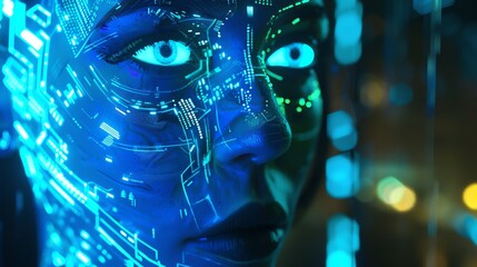 A woman sporting a high-tech, futuristic facial design with glowing elements.  