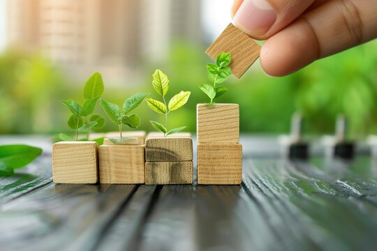 Low carbon,carbon neutral concept. Net zero greenhouse gas emissions target. Climate neutral long term strategy to limit global warming. Hand put wooden cubes with decrease carbon emission icon