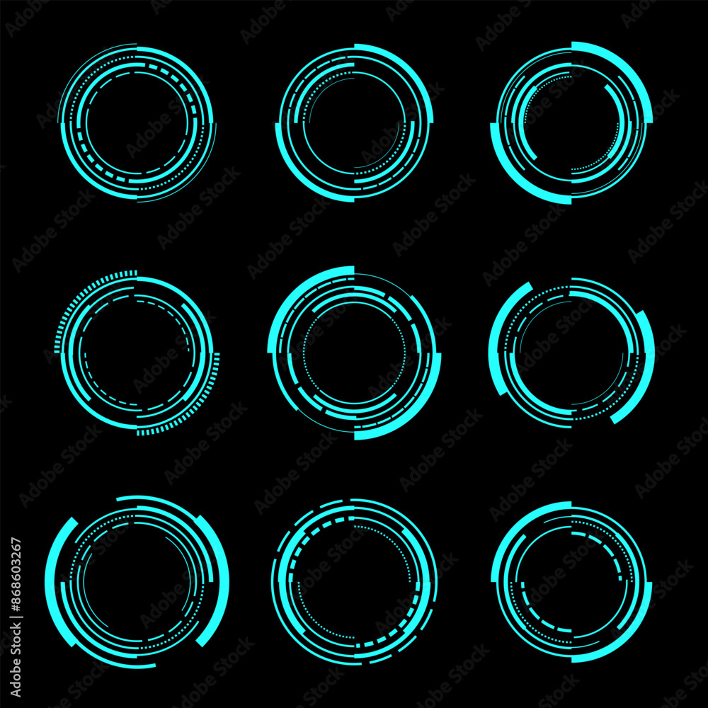 Poster set of sci fi blue circle user interface elements technology futuristic design modern creative on bl