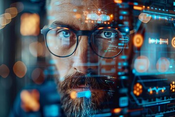 Modern Virtual Video Conference with AI Holographic Screens, featuring beautiful people in eyeglasses and a well-groomed beard, showcasing futuristic technology in a sleek office setting.