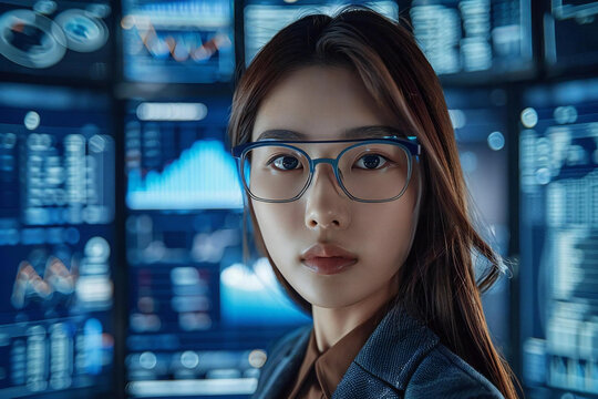 Beautiful persons wearing eyeglasses surrounded by holographic screens displaying data on Gender Equality And Parity Law.