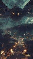 Obraz premium Mothman over the small American town. Illustration based on the urban legend of Point Pleasant