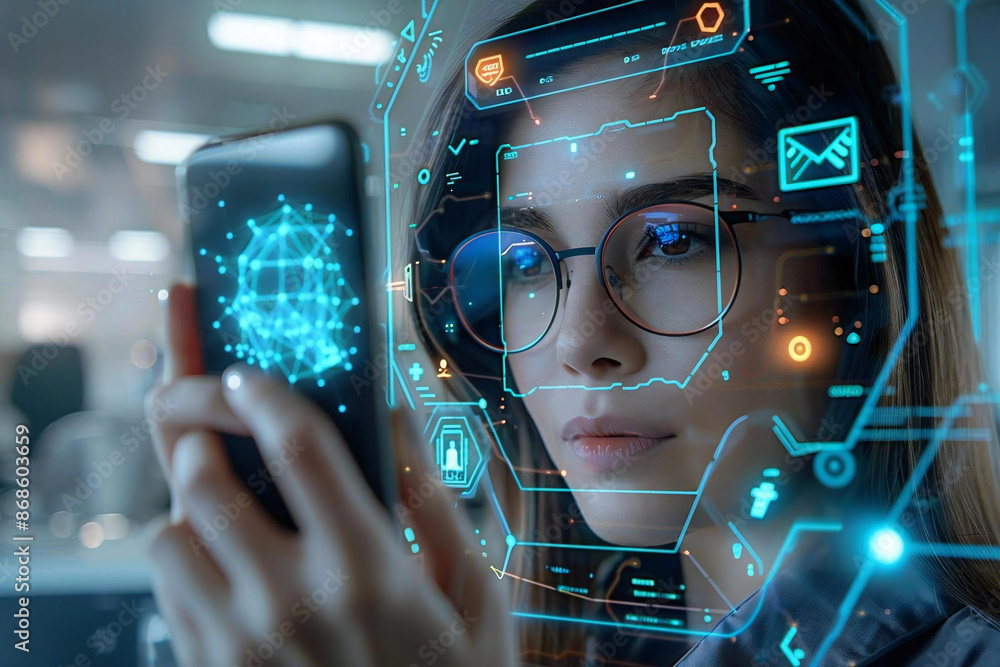 Poster futuristic ai holographic screens displaying ocr recognition of electronic invoices in a smart offic
