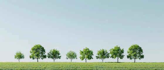 Fototapeta premium A row of trees in a field with a clear blue sky in the background