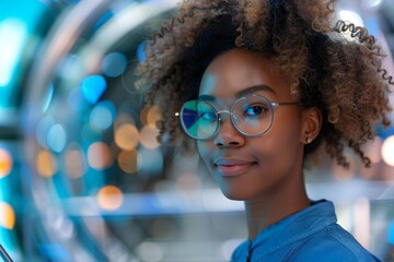Beautiful individuals with eyeglasses filling out a customer research survey on a hybrid tablet in a futuristic digital setting.