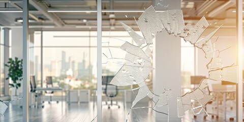 Damaged transparent glass door in a modern office with glass walls