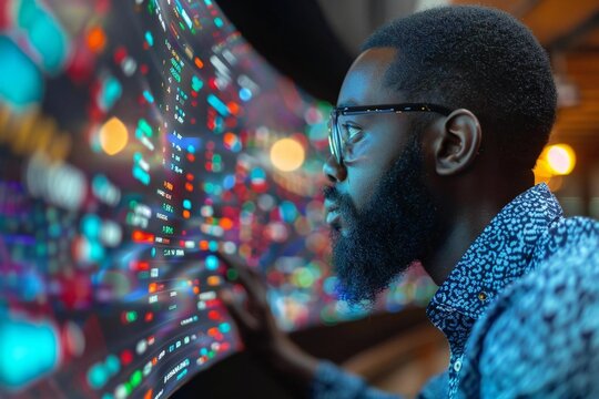 African American man with well-groomed beard analyzing financial business analytics data on a curved holographic screen with futuristic AI technology. - Powered by Adobe