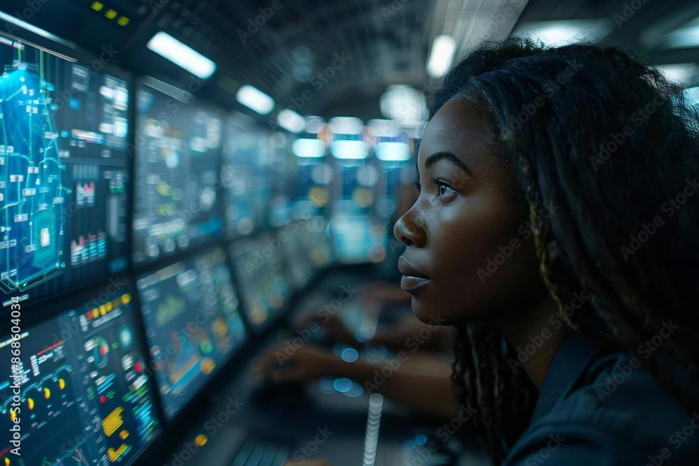 Poster team of diverse ai developers working on holographic screens in a futuristic tech lab, featuring an 