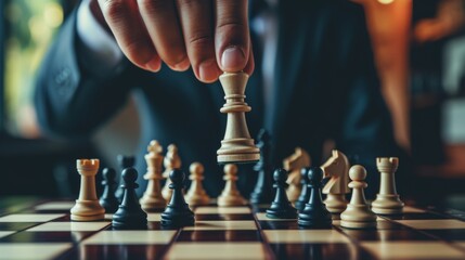 Businessman hand holding a king chess piece on a chessboard