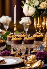 Naklejka premium decadent chocolate mousse cups elegant dessert table, sweet, creamy, indulgent, delicious, gourmet, fancy, luxury, presentation, bar, exquisite, rich, treat