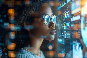Beautiful African American woman wearing eyeglasses analyzing futuristic holographic business data analytics dashboard with AI-generated graphs and financial spreadsheets, surrounded