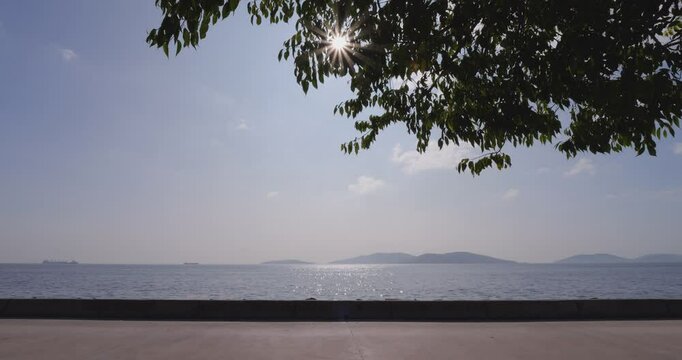 Famous archipelago of Istanbul, Adalar Islands, visible from city waterfront. Wide angle shot, camera tilt down. Sun light shine through hanging above branch of tree