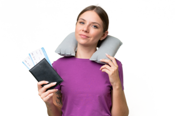 Young beautiful blonde woman with Inflatable travel Pillow over isolated background having doubts