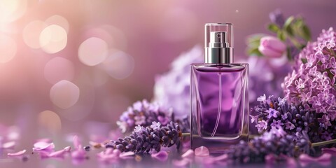 Elegant Perfume Bottle with Purple Flowers. Generative ai