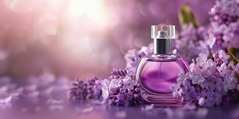 Elegant Perfume Bottle with Purple Flowers. Generative ai