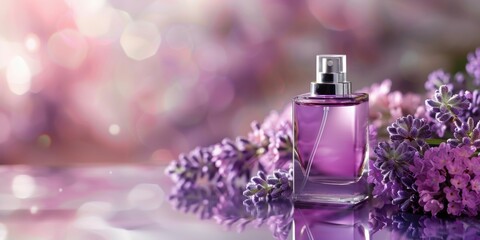 Elegant Perfume Bottle with Purple Flowers. Generative ai