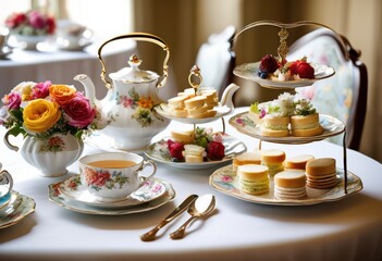 elegant high tea setup delicate finger sandwiches, appetizers, bites, catering, chicken, china, cream, cucumber, dining, display, event, fancy, fillings,