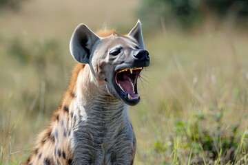Obraz premium Close-up of a wild hyena in its natural habitat, displaying wide open mouth and sharp teeth in African savanna setting.