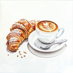 Latte Art Coffee with Croissant and Coffee Beans. Generative ai