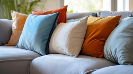 A cozy scene showcasing soft comfortable pillows arranged on a sleek modern sofa