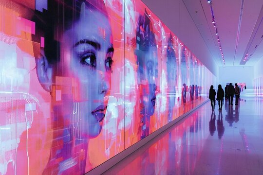 Futuristic holographic screens display captivating abstract paintings at an AI-enhanced contemporary art exhibition.