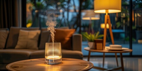 Cozy Living Room with Aromatherapy Diffuser and Soft Lighting. Generative ai