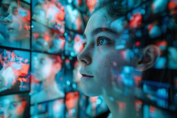 Futuristic holographic screens display a chaotic web of thoughts and emotions in the minds of beautiful individuals, highlighting the struggles of adult ADHD and stress.
