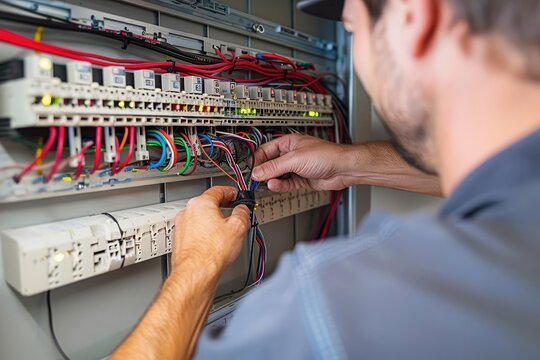 Electrician working on a circuit breaker panel, maintaining and wiring electrical components for consistent and safe power distribution.