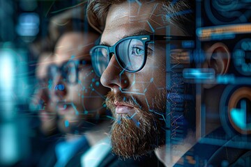 team of beautiful analysts wearing eyeglasses and well-groomed beards are utilizing holographic screens and AI to manage medical coding bill spreadsheets in a futuristic hospital setting.