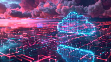 Digital informational technology web futuristic hologram with cloud icon, blue golden light digits and code background, cloud computing. Abstract Motion of digital data flow
