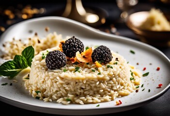 creamy risotto truffle gourmet italian cuisine fine dining dish, experience, delicious, meal, restaurant, plate, culinary, luxury, exquisite, aroma, indulgent,