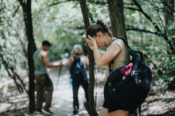 A young woman feeling stressed and tired during a hike with friends in a dense forest, carrying a...