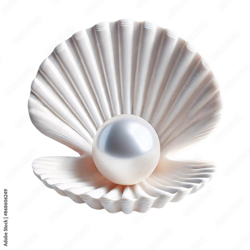 Poster a open white seashell with a pearl inside, displayed on a transparent background