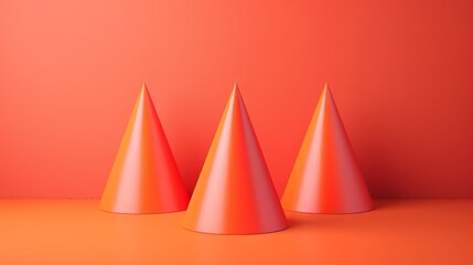 Three orange cone shaped objects are standing on a red background