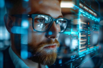 Young businessman wearing eyeglasses and a well-groomed beard, looking at holographic invoice screens while using AI technology for online banking on his phone