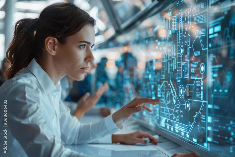 Poster team of diverse architects and developers use holographic screens and ai to collaborate on an innova