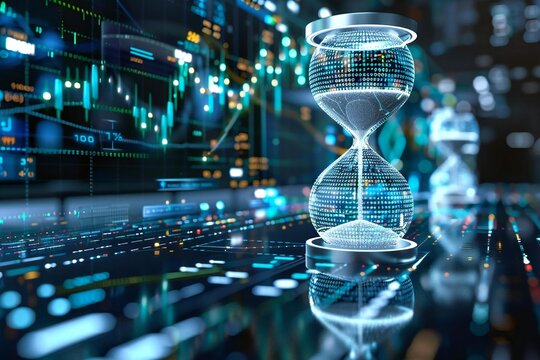 Futuristic accountant analyzes digital invoices using holographic screens and AI technology, with a sleek clockwork hourglass symbolizing the countdown to tax deadline.