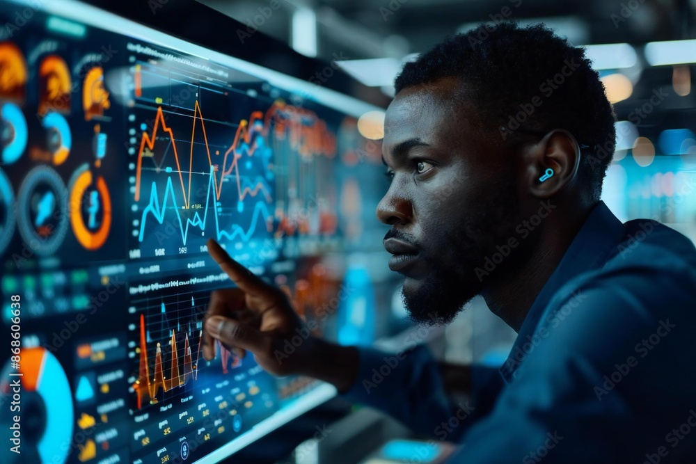Aufkleber handsome african analyst with well-groomed beard engaging with futuristic kpi dashboard featuring fi