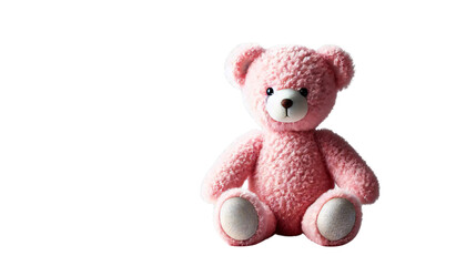 A plush teddy bear in soft pink, sitting upright. The bear has a round face, small black eyes, and a fluffy texture, on a transparent background