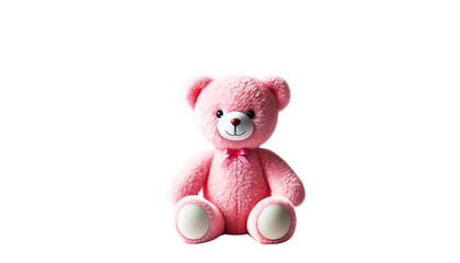 A plush, fluffy pink teddy bear sitting up, looking directly ahead with a friendly expression. The teddy bear is displayed on a transparent background