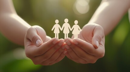 Hands Holding Paper Cutout of Three People Holding Hands symbolizes family, unity, support, and community.