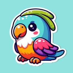 Sticker of cute parrot, tiny small wild Bird, Isolated on colored background, flat vector illustration 