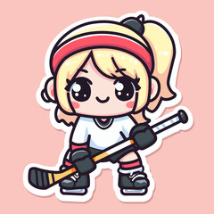 Sticker of cute Hockey player, tiny Sport girl holding a Hockey bat, Isolated on colored background, flat vector illustration.