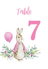 Table number card template with watercolor pink Peter rabbit