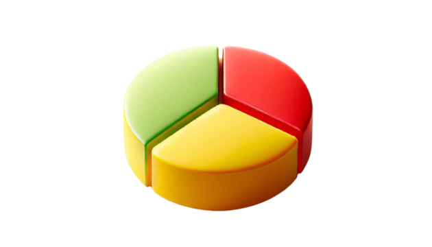 A smooth 3D pie chart with three segments in different colors (yellow, green, red), displayed on a transparent background